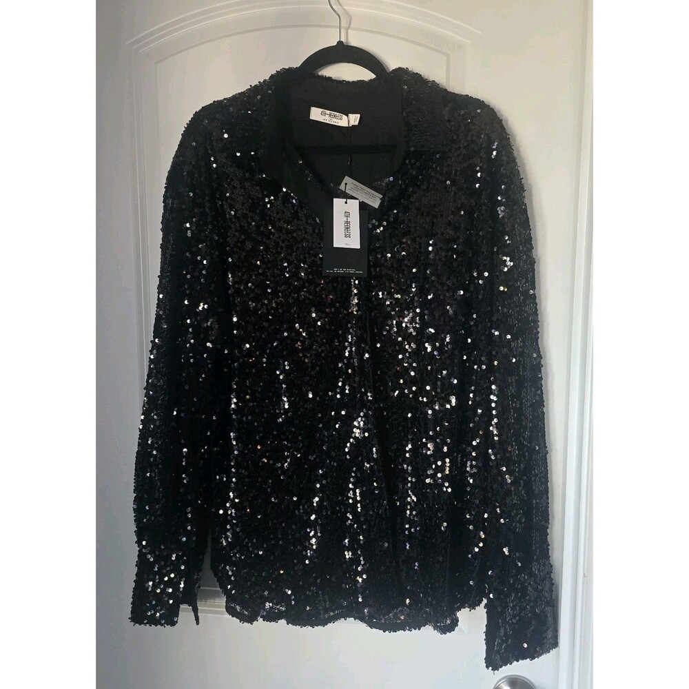 4th & Reckless Black Sequin Button Up Shirt Small Tall NEW